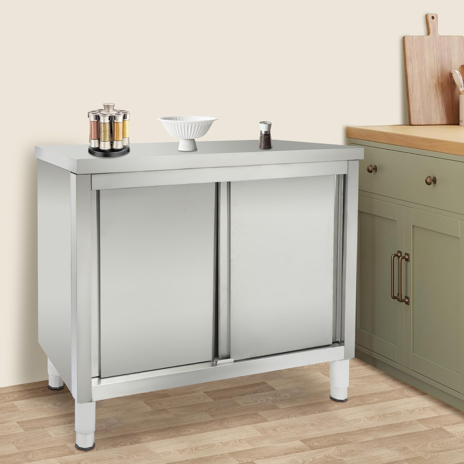 Armario de acero inoxidable con puertas correderas, mesa de trabajo al aire libre, cocina, altura regulable, mesa de trabajo independiente de acero inoxidable, para restaurante, cocina