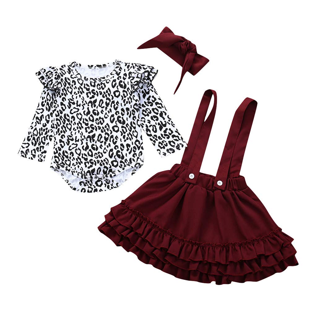 JKstore Baby Girl Outfit Set Suspenders Skirt Headbands Leopard Long Sleeve Ruffled Rompers Overalls Dress Clothes 3 pcs