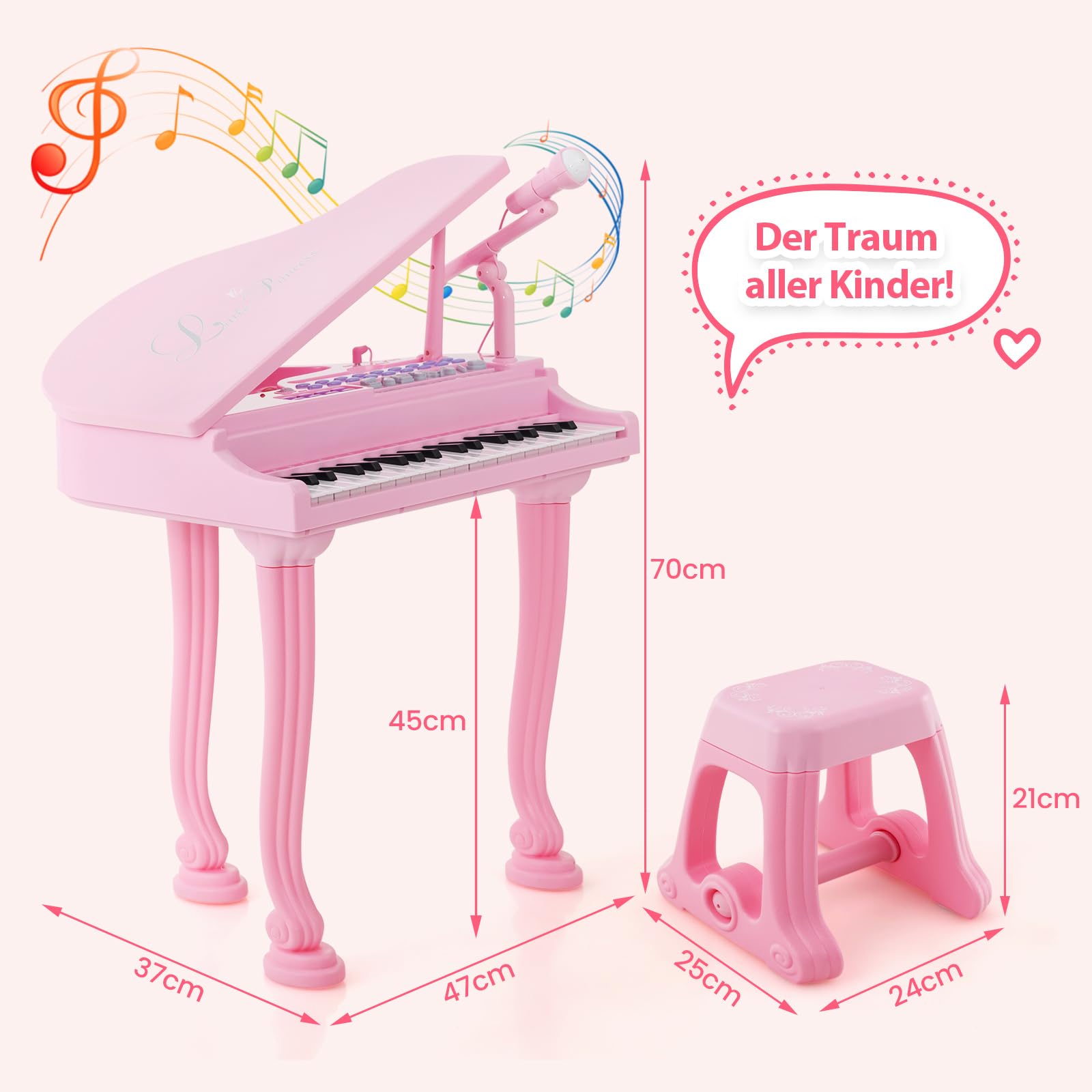 COSTWAY Kinder Keyboard mit 37 Tasten & Hocker, elektronische Klaviertastatur tragbar mit Mikrofon, LED-Lehrmodus, Aufnahme- & Wiedergabefunktion, Musikinstrument für Kinder ab 3 Jahre (Rosa)