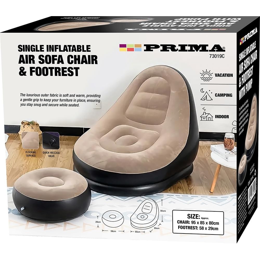 2 Piece Single Inflatable Air Sofa Chair & Footrest - Indoor Blow up Lounger Chairs for Adults & Children | For Vacation, Home & Camping - Gaming Chair, Movies & Reading - 95 x 85 x 80cm