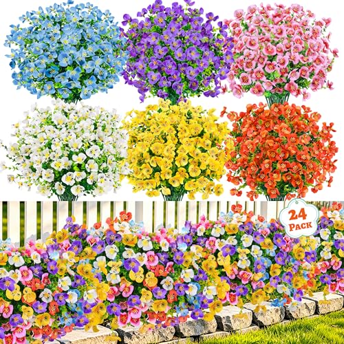 Der Rose 24 Bundles Artificial Pansy Flowers for Outdoors, UV Resistant 6 Assorted Colors Fake Pansies Spring Flowers for Planters Window Boxes Flower Beds Bulk Outdoor Garden Deco image 2