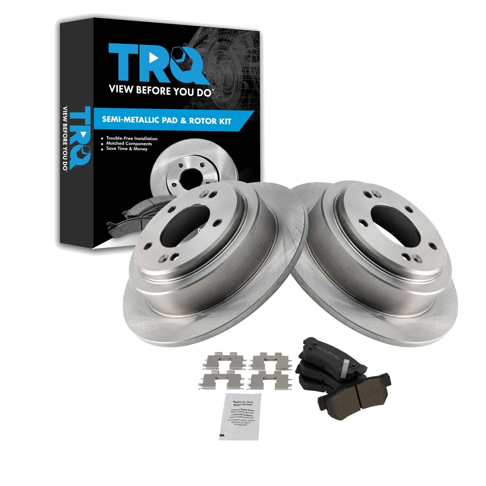 TRQ Rear Brake Pad and Rotor Set Semi Metallic Rotors Compatible with 2004-2006 Kia Amanti