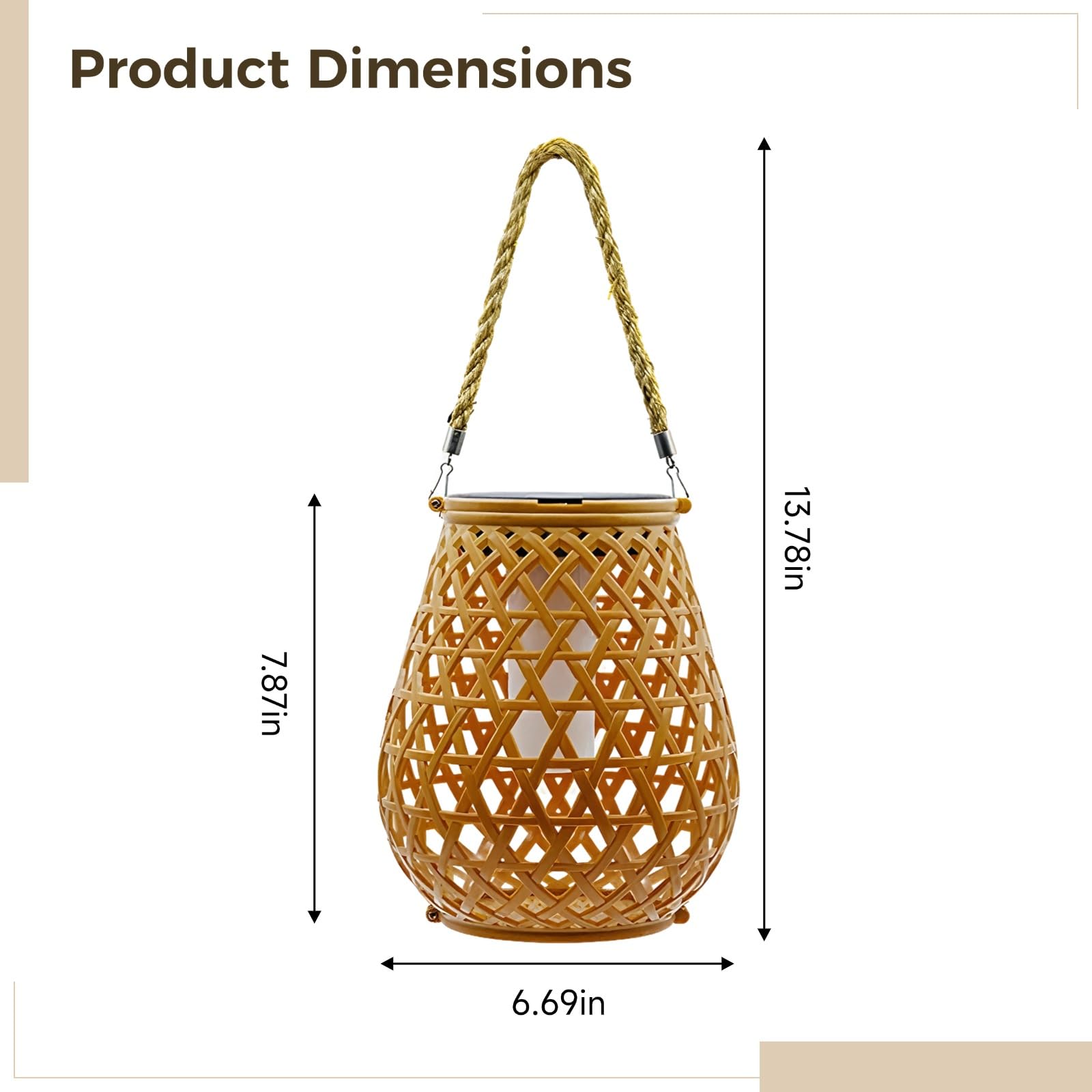 Latarnia solarna, tkana, rattanowa lampa stołowa na zewnątrz, chińska lampa tarasowa z uchwytem, wysokość 35 cm, średnica 17 cm, stopień ochrony IP44, do ogrodu i balkonu