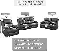 Vista 2 de Conjunto de sofá reclinable manual con mesa desplegable, 3 piezas de sofá reclinable de cuero negro, juegos de muebles para sala de estar, sofá