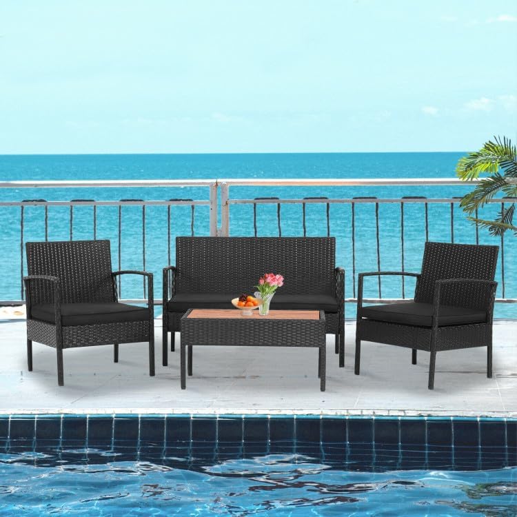Image of PRATHAM India Outdoor Indoor 4-Piece Patio Furniture Sofa Set Conversation Set Waterproof with Washable Soft Cushion and Center Table Wicker for Balcony and Gardens