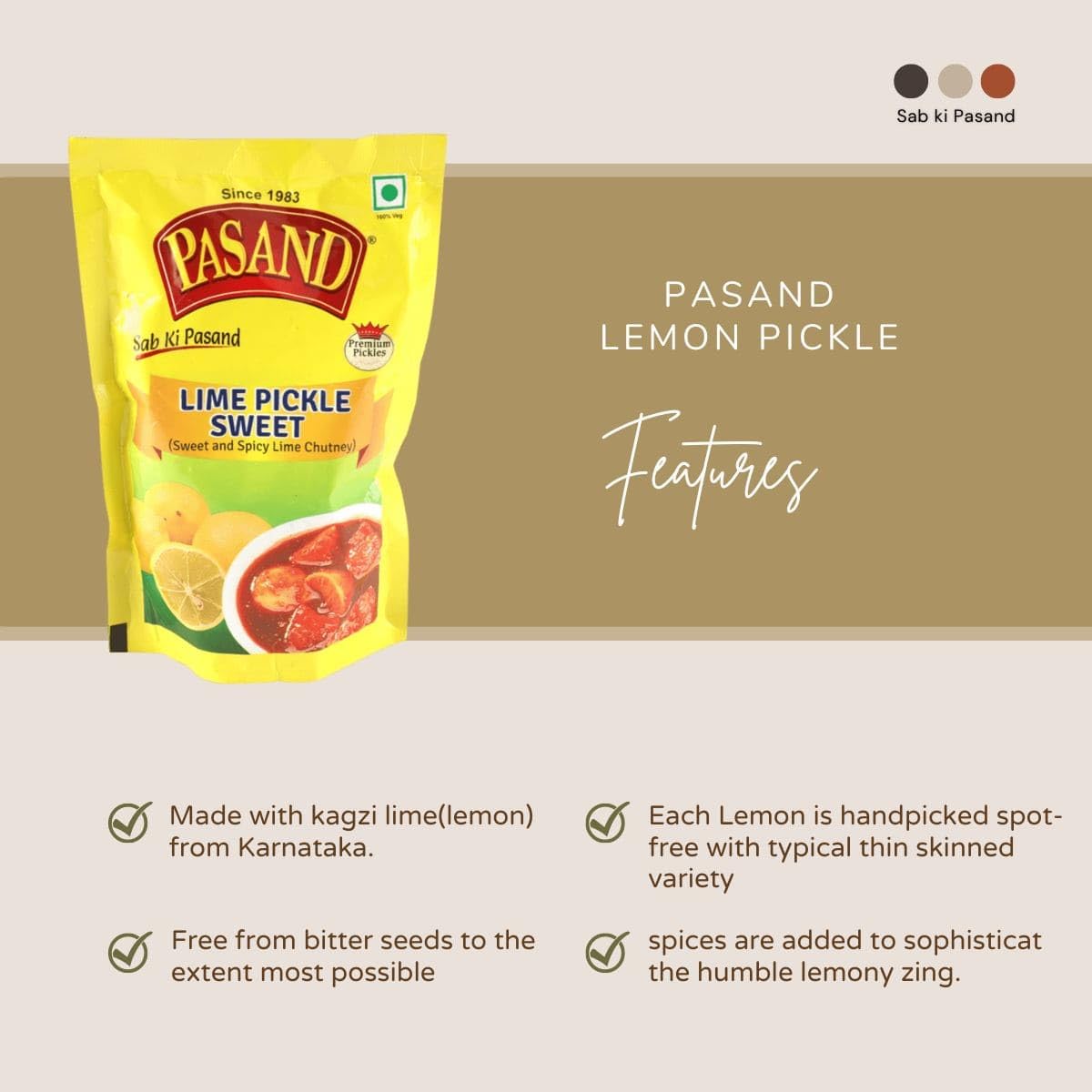 PASAND Lemon Pickle 200g | Nimbu ka Achar | Sweet, Sour & Spicy Pickle | Authentic Flavour & Taste | Lime Pickle | Travel Friendly | Seal Pack Pouch 1