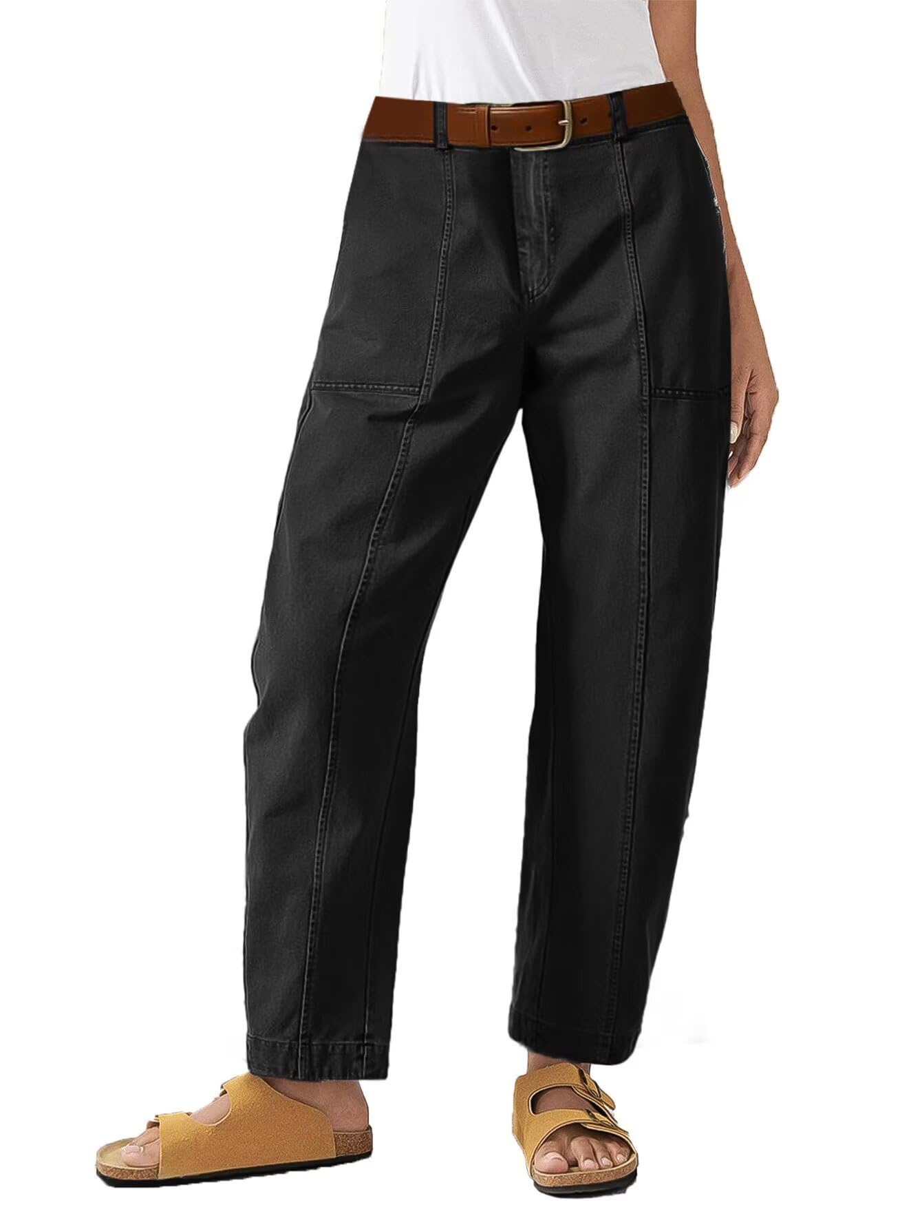 Flamingals Womens Mid Waist Carrot Straight Leg Pants Casual Fashion Trendy Stitch Detail Crop Pants