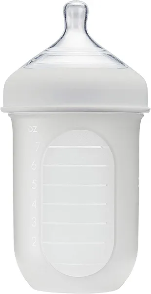 Boon Nursh Reusable Silicone Baby Bottle with Collapsible Silicone Pouch Design - Everyday Baby Essentials - Stage 2 Medium Flow Baby Bottles - Gray - 8 Oz