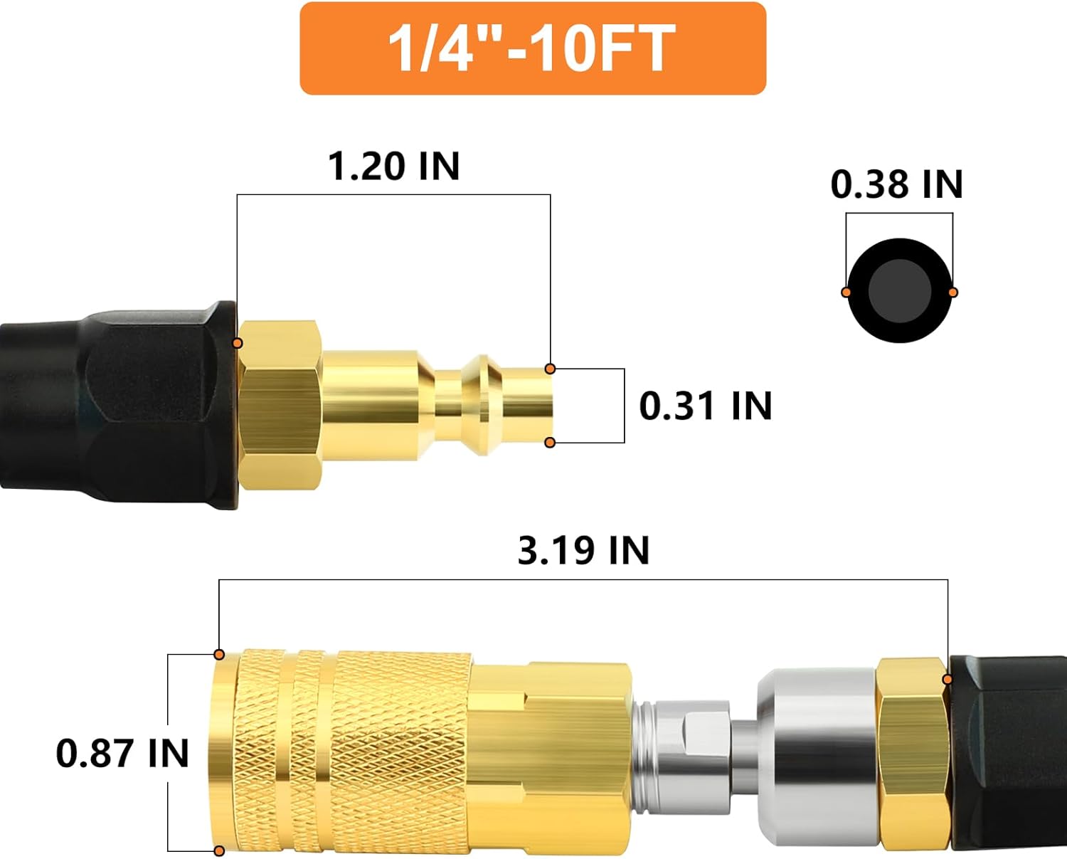 GASHER 1/4" x 10FT Reinforced Polyurethane Recoil Air Hose with Bend Restrictor, Air Hose kit With 360°Swivel Coupler, 1/4" Industrial Quick Coupler and Plug(Black)