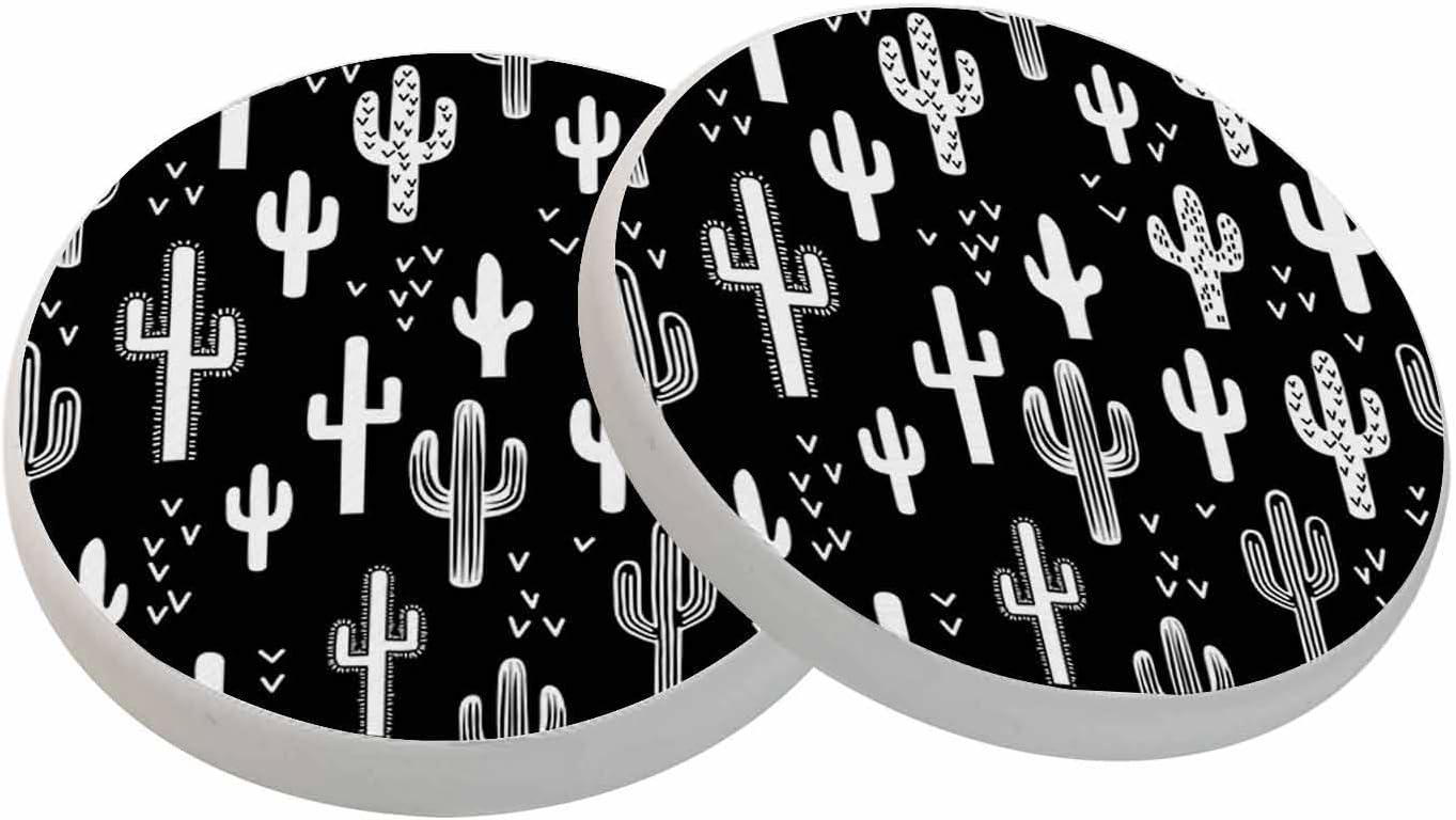 oFloral Cactus Coasters for Drinks Black and White Monochromatic Wild Cups Place Mats for Home Decor Set of 2, 4 Inch