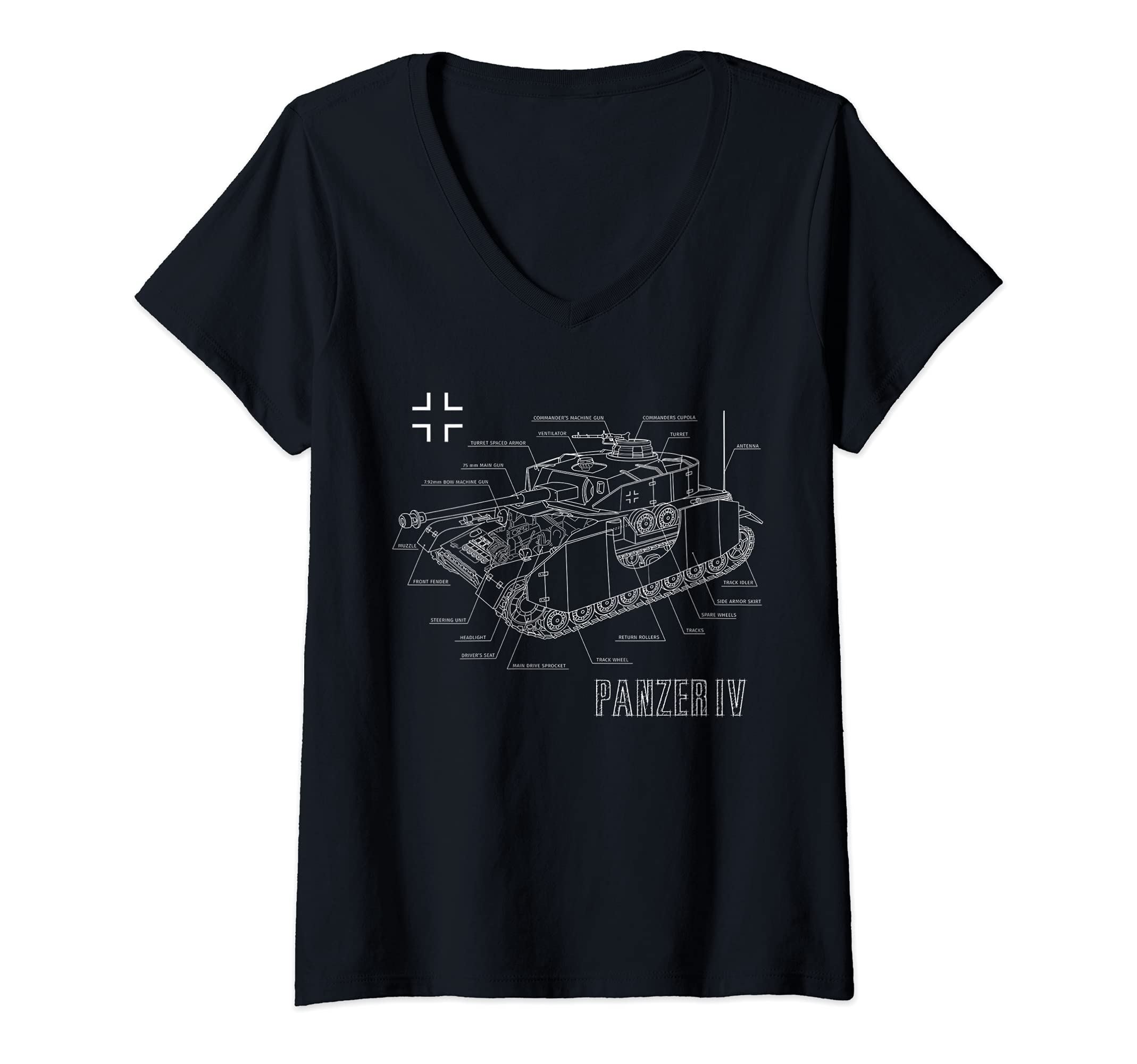 Womens World War 2 German Tank Panzer IV Engineering Blueprint V-Neck T-Shirt