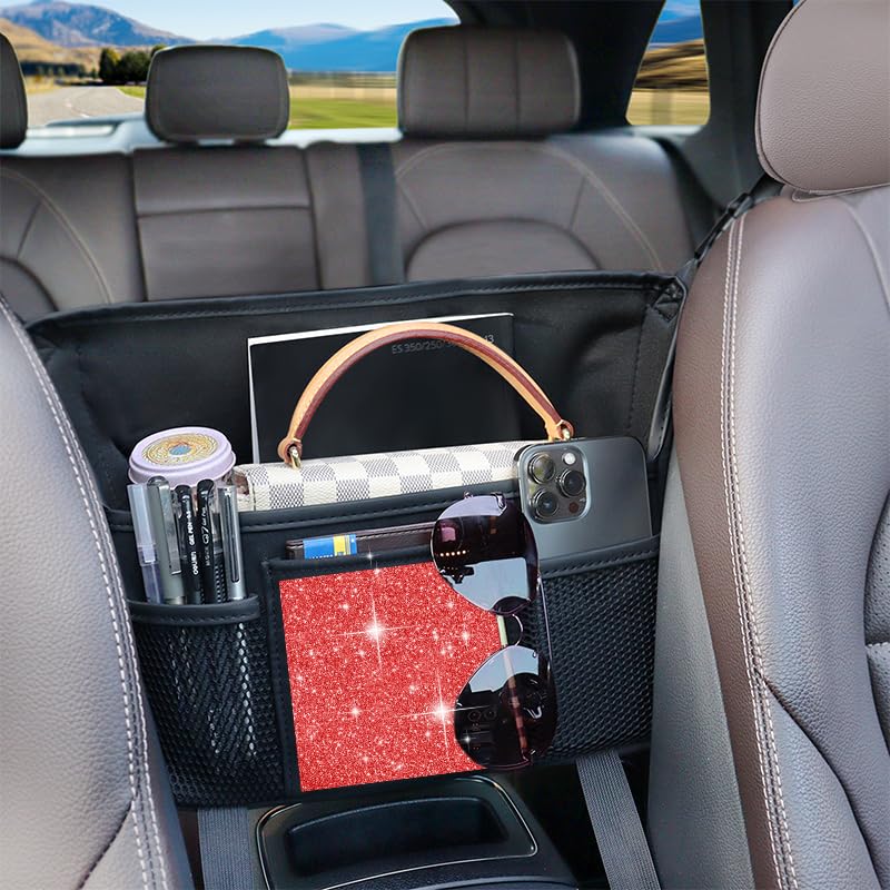 Donpeshe Red Diamond Car Handbag Holder Between Seats Bling Rhinestone Car Storage Bag Large Capacity Purse Phone Automotive Consoles Organizer Safe Barrier of Backseat Pet Kids