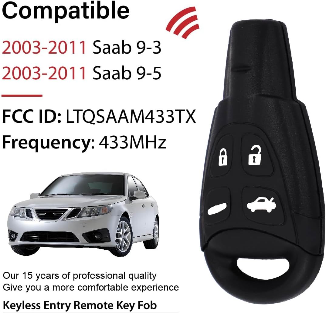 Replacement for 2008 2009 2010 2011 Saab 9-3 9-5 Key Fob Remote Control LTQSAAM433TX 4 Buttons 433MHz