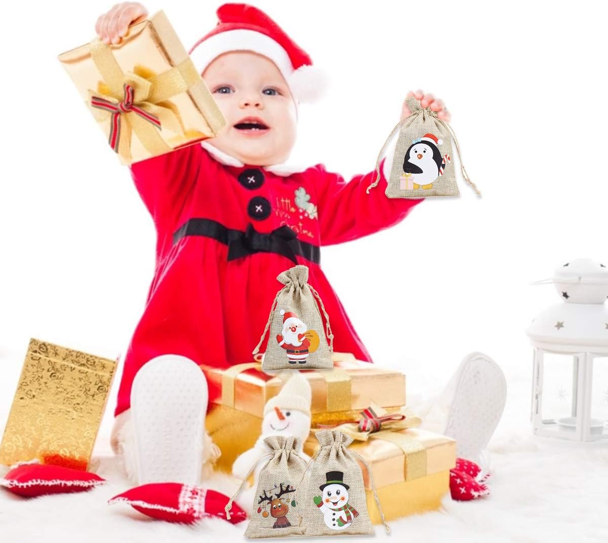 Exсluѕіvе Dіѕсоunt 60% Prісе CCINEE 36pc Christmas Linen Bags with Drawstrings Christmas Burlap Goody Gift Bags with Double Jute Drawstrings, 4 designs Snowman, Santa Claus, Penguin and Elk