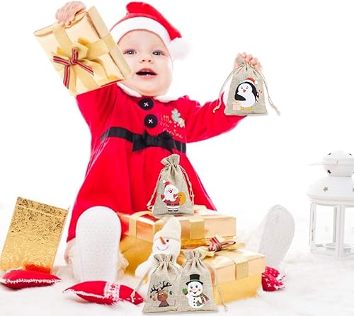 Miniatura 6 de CCINEE 96 bolsas de regalo de arpillera de Navidad con cordones para dulces con doble cordón de yute de 4 x 6 pulgadas