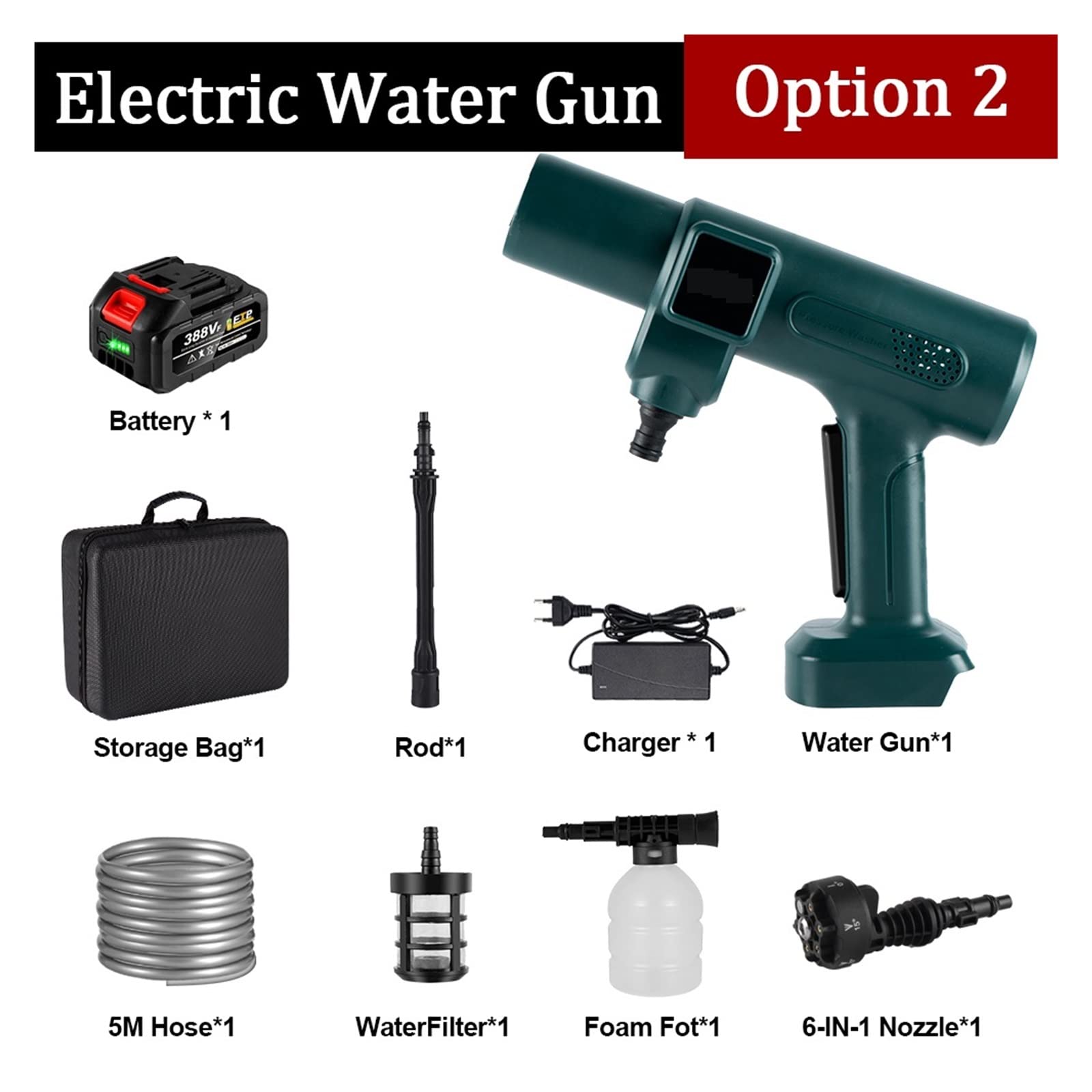 Idropulitrice, 200Bar 3500W Rondella Elettrica Senza Spazzole Ad Alta Pressione 6-in-1 Pistola Ad Acqua Da Giardino For Lavaggio Auto For Pistola A Spruzzo A Batteria 18V(Option 2)