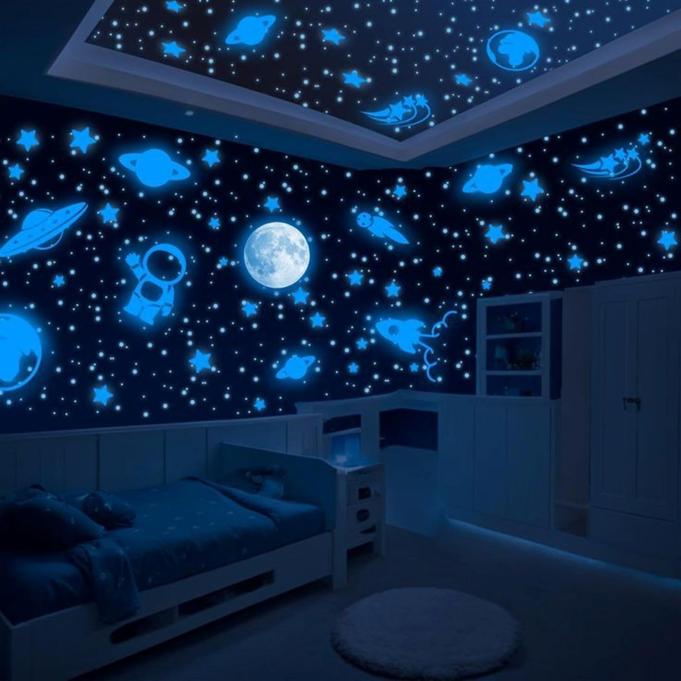 Glow in The Dark Space Wall Stickers for Kids Room – Luminous Stars & Moon Stickers for Ceiling | Radium Wall Decoration with Planets, Astronaut & Rocket | Removable Stickers for Bedroom & Home Décor.