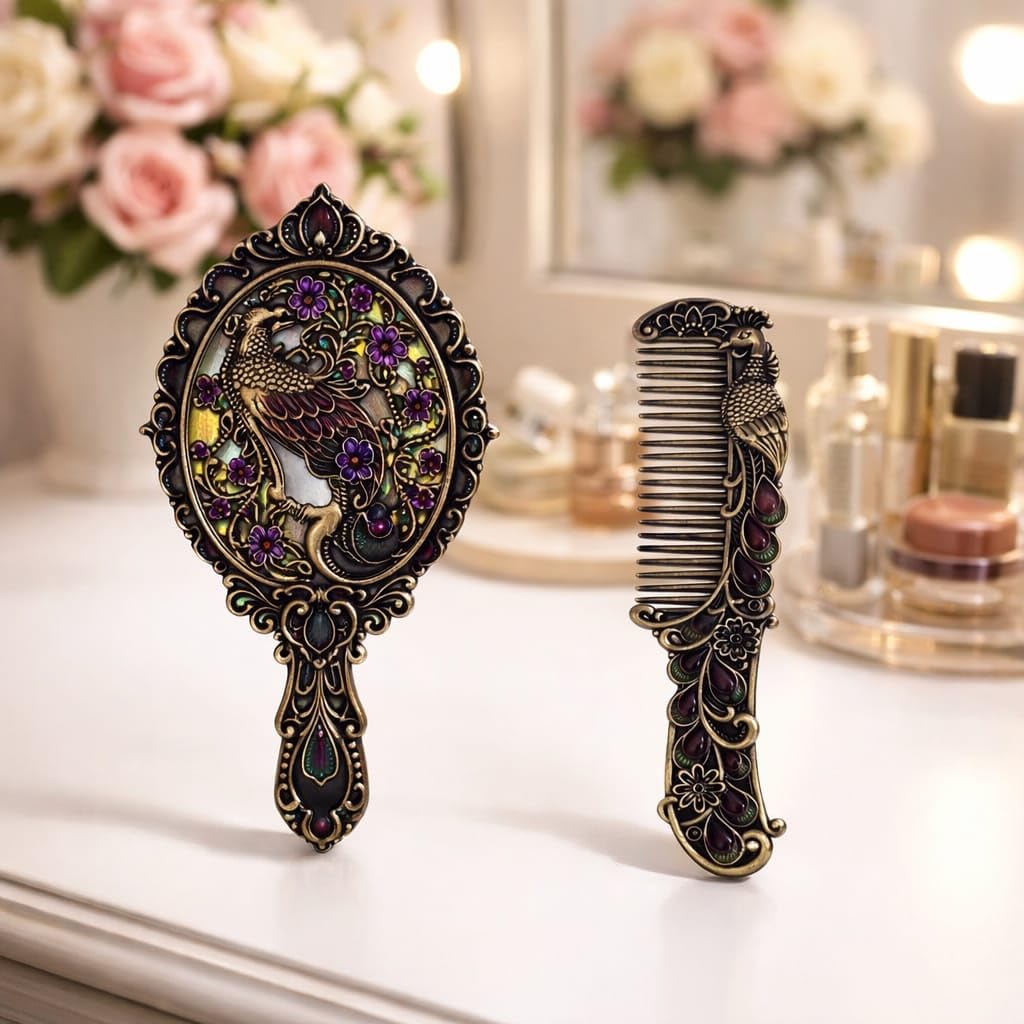 Antique Peacock Style Hand Mirror with Comb Set | Vintage Makeup Mirror & Hair Comb Combo | Assorted Designer Pieces (Random Design Dispatch) | Elegant Gift for Women (Small)-image-27