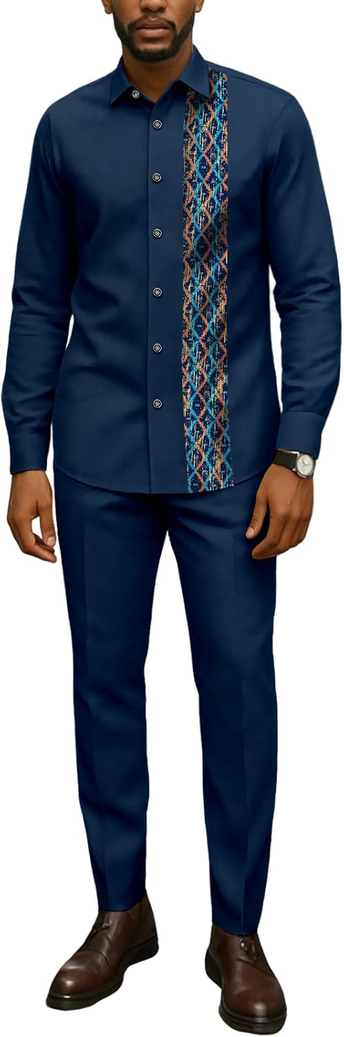 SEA&ALP Men's African Suit Traditional Dashiki Outfits Top Shirt and Pants 2 Piece Set Clothes Attire