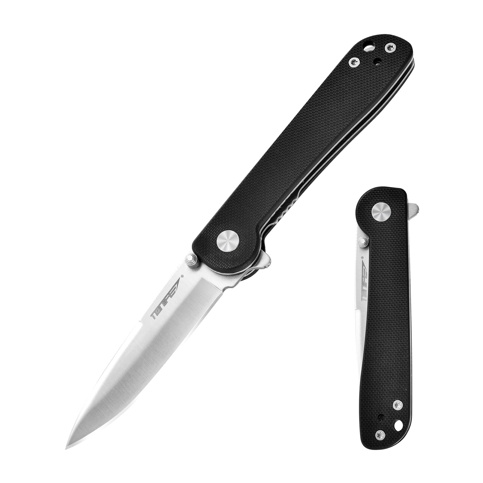 TONIFE RisingStar Pocket Folding Knife Outdoor with Pocket Clip, 8Cr14MoV Blade and G10 Handle for Small Knife Camping (Black + Satin)