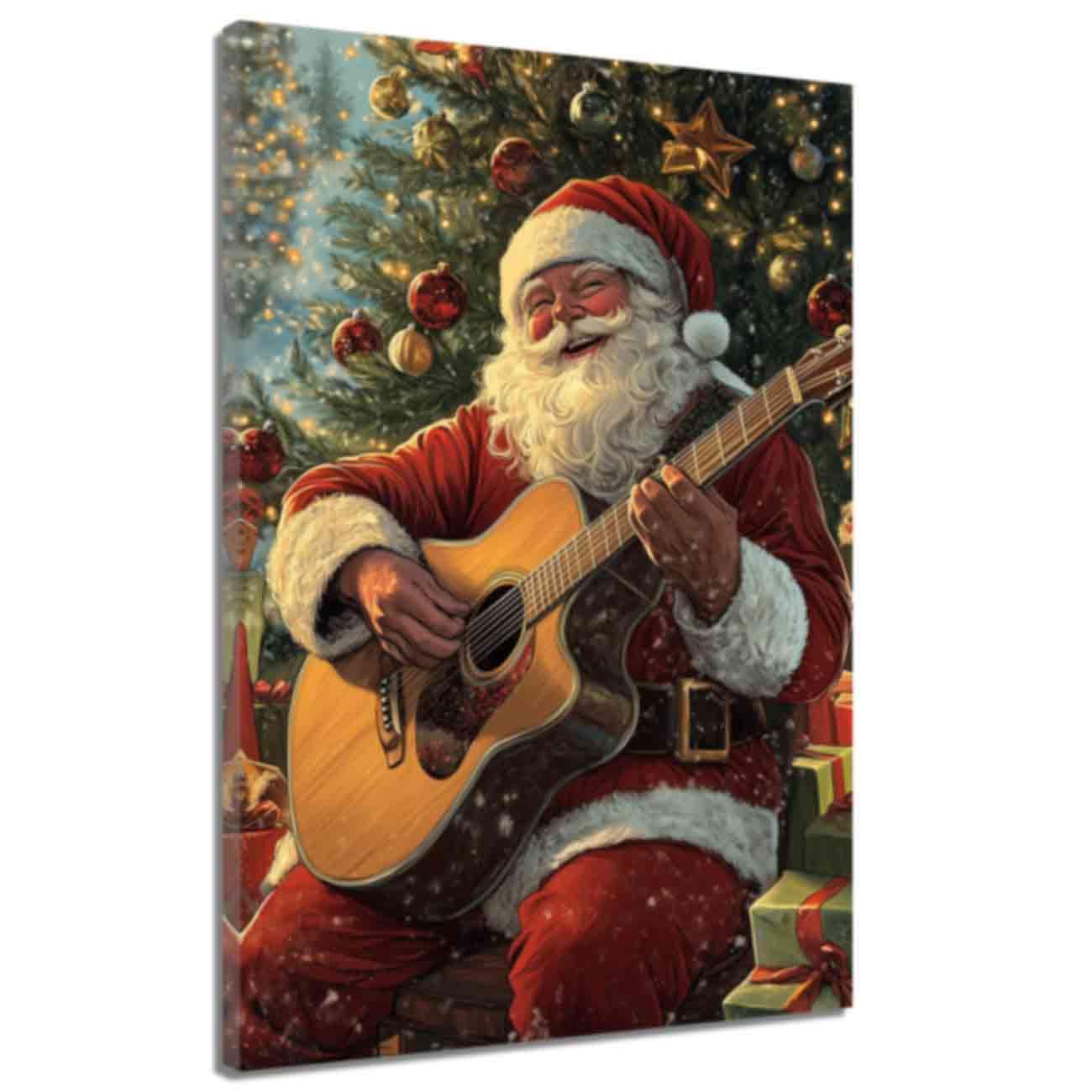 ZQQART Vintage Christmas Canvas Wall Art Santa Claus Picture Prints Santa Playing Guitar Poster Winter Painting Music Artwork Framed (Red,12.00" x 18.00")
