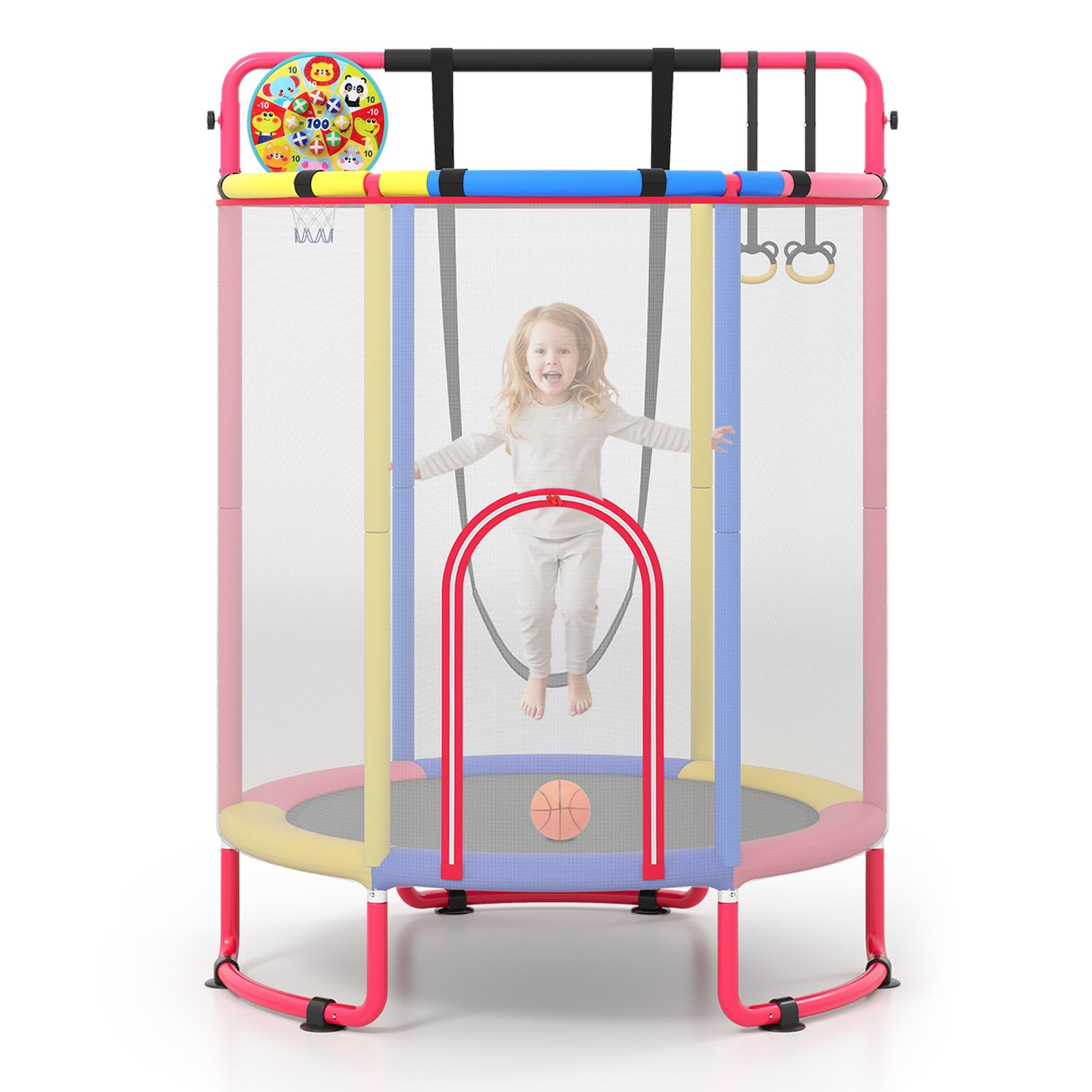 COSTWAY 6 in 1 Kindertrampolin mit Sicherheitsnetz | Trampolin Kinder mit Schaukel, Basketballkorb, Turnstange, Dartscheibe & Barren, Gartentrampolin für Indoor & Outdoor