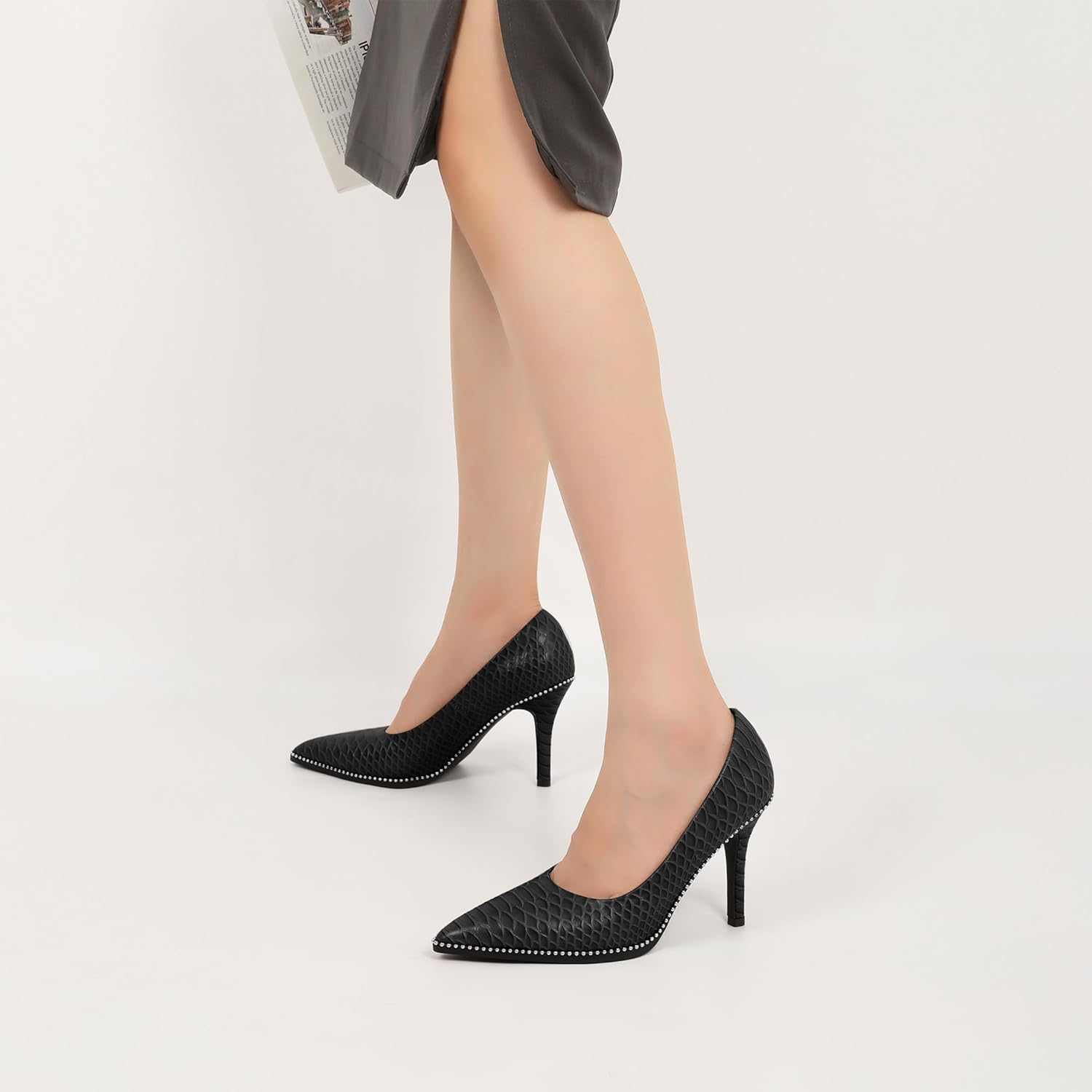 SAMMITOP Women Beaded Pumps Closed Pointed Toe High Heel Slip On Stilettos 3.5 Inch Sexy Heeled Dress Shoes Patent Leather - Image 2