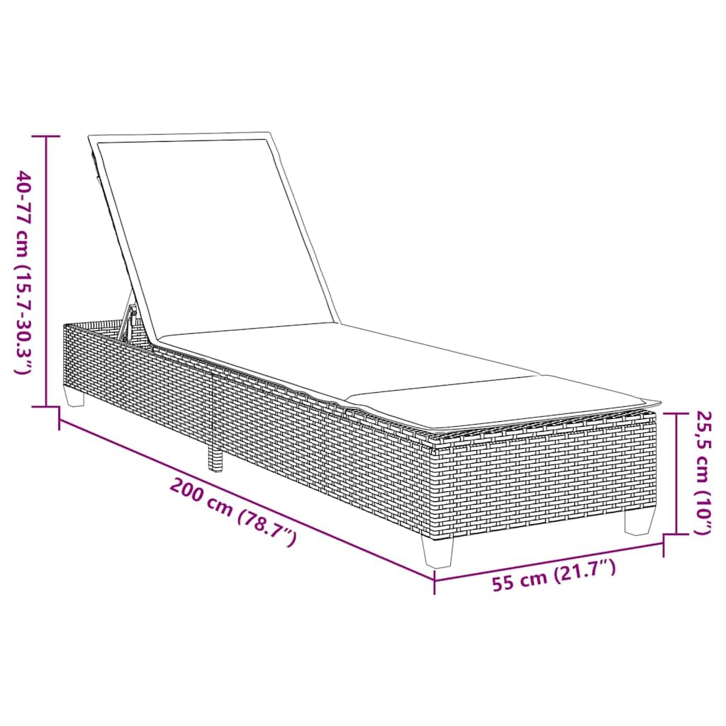Leżak do opalania z poduszkami, szary, 55 x 200 x 25,5 cm, polirattan, regulowane oparcie, fotel ogrodowy na taras, balkon, leżak relaksacyjny z poduszkami do wellness i odpoczynku