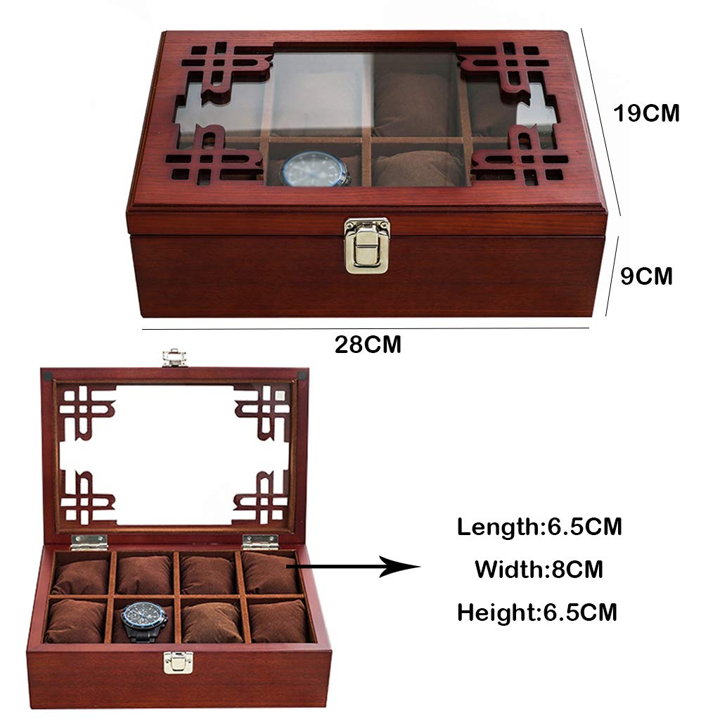 MUSUMI Caja de almacenamiento de exhibición de reloj Estuche organizador de joyas de 8 rejillas con Hebilla de Metal bloqueable Superior de vidrio para Hombres/Mujeres - Rojo