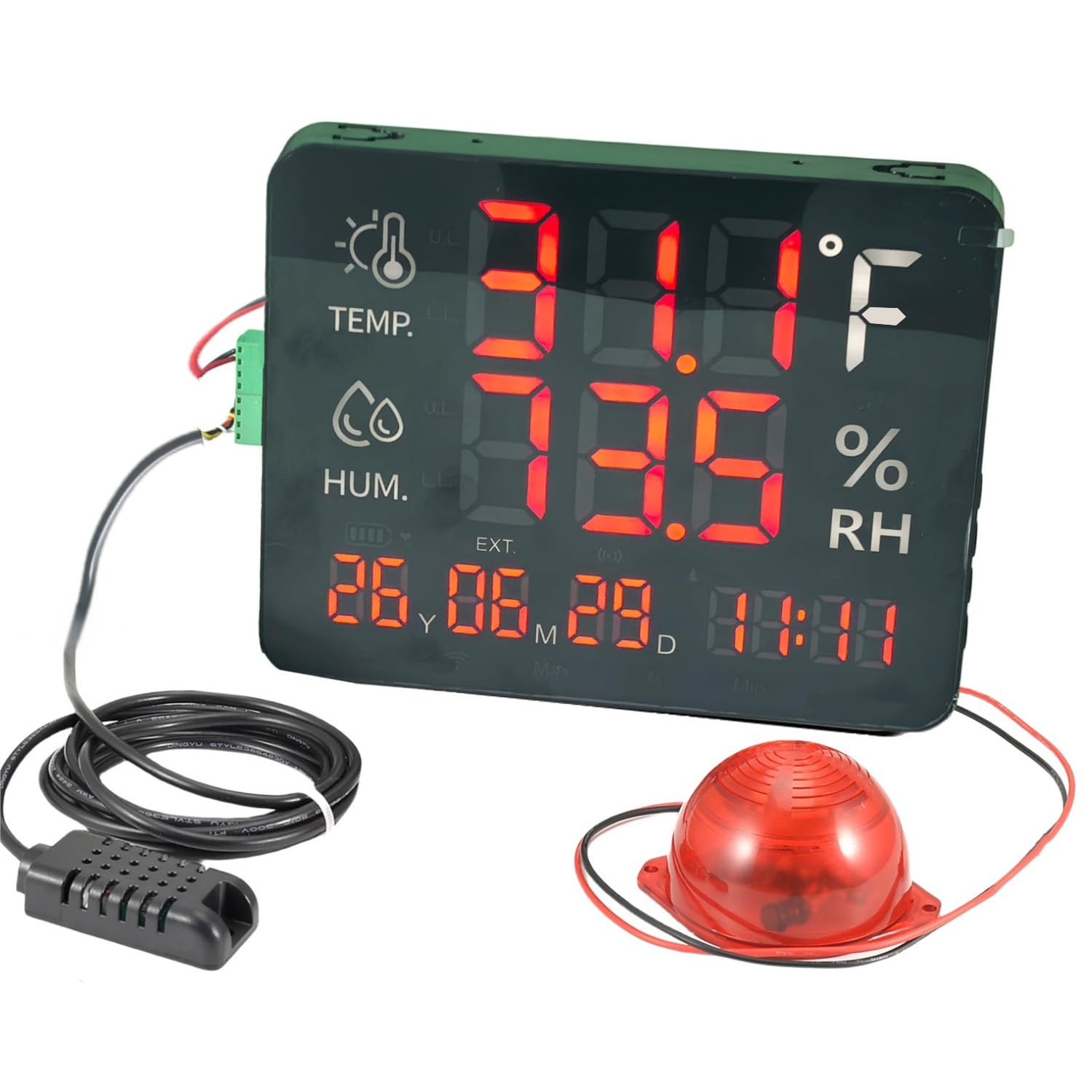 Termómetro de pantalla grande, luz de advertencia de temperatura grande, máximo mínimo para monitorear alta y baja temperatura, sensor de humedad, alerta de alarma, termómetro higrómetro con hora y