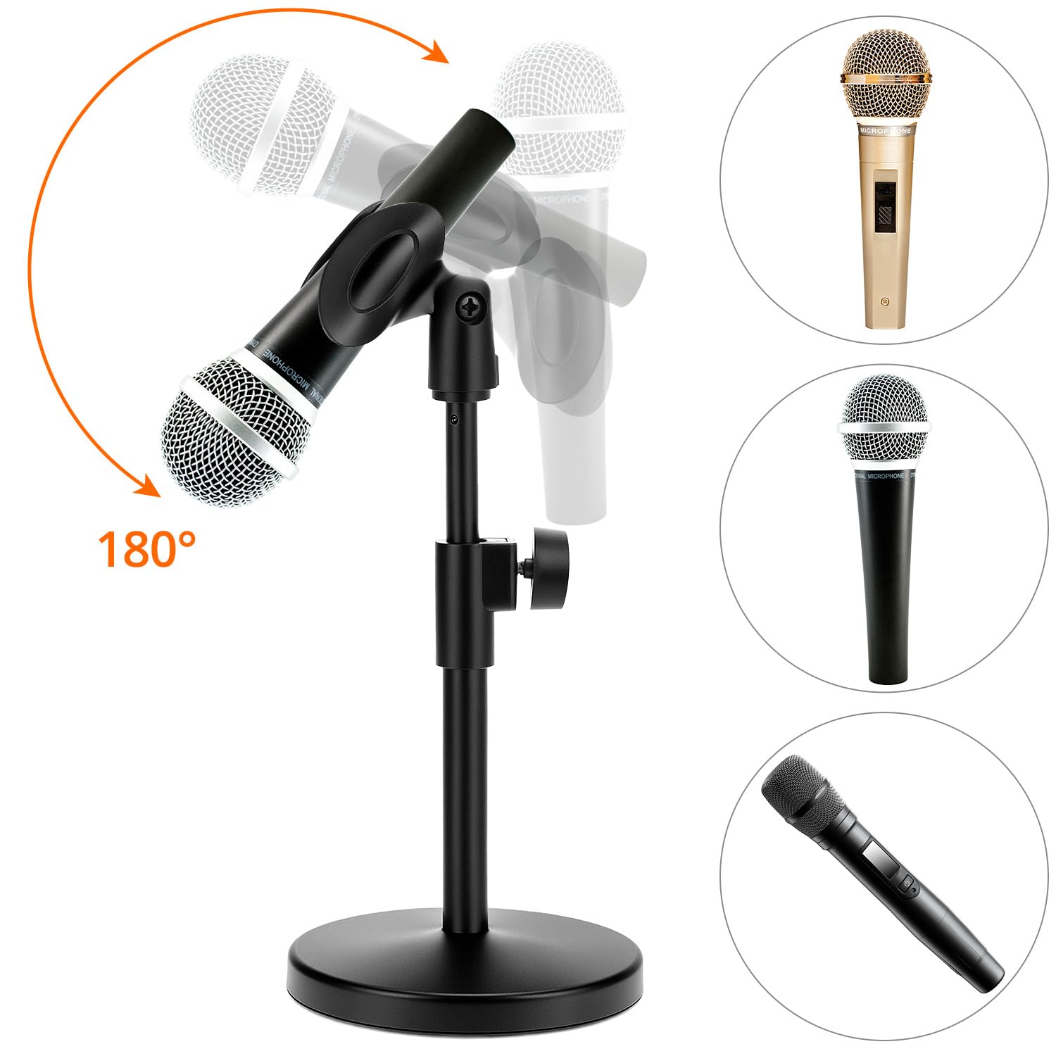 QWORK® Wielofunkcyjny stojak na mikrofon biurkowy, regulowany statyw stołowy z klipsem na telefon komórkowy, wtyczka 5/8 cala do gniazda 3/8", na konferencje, transmisje na żywo