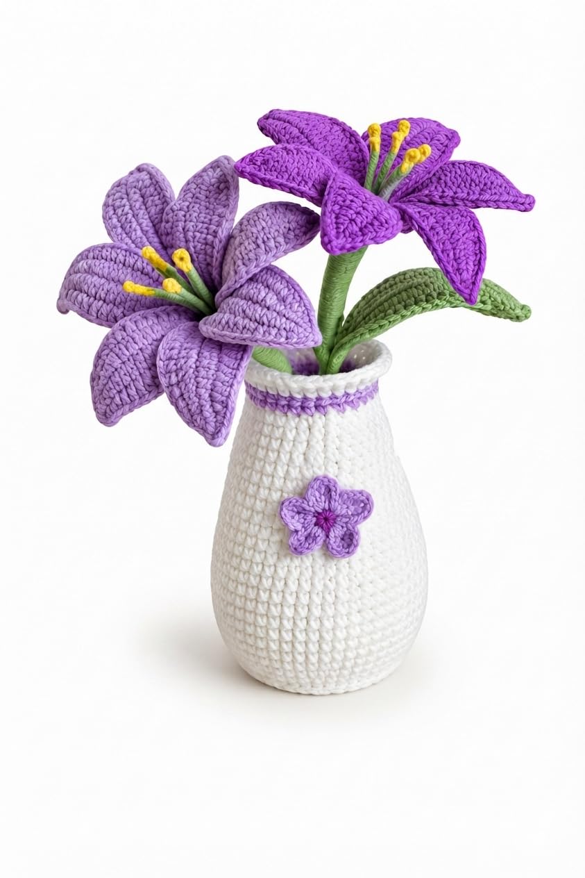 Handmade Crochet Lily Flower Vase Purple Artificial Knitted | Soft Yarn Construction, Table Centerpiece, Home & Office Décor, Decorative Vase Included, Artificial Flowers-image-27