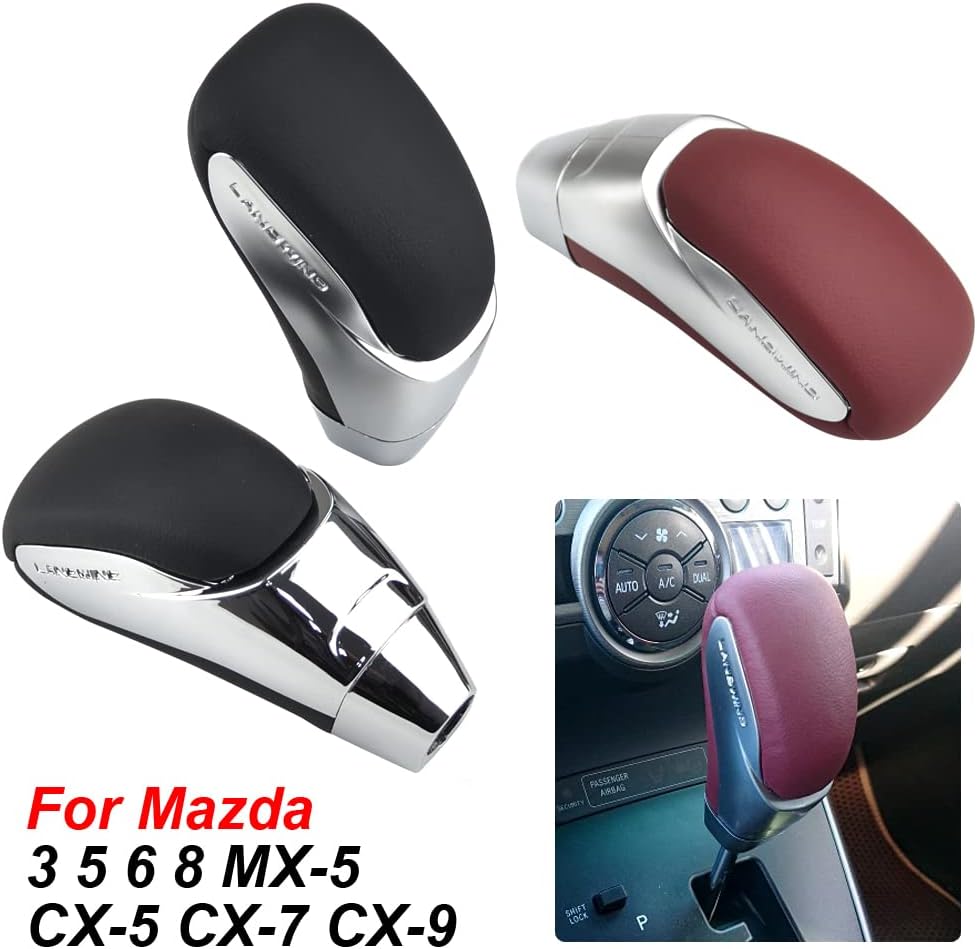 Automatic Car Gearbox Handles Gear Shift Knob Stick Lever Head Genuine Leather Compatible with Maz-da 3 5 6 8 MX-5 CX-5 CX-7 CX-9 Chrome Silver+Black