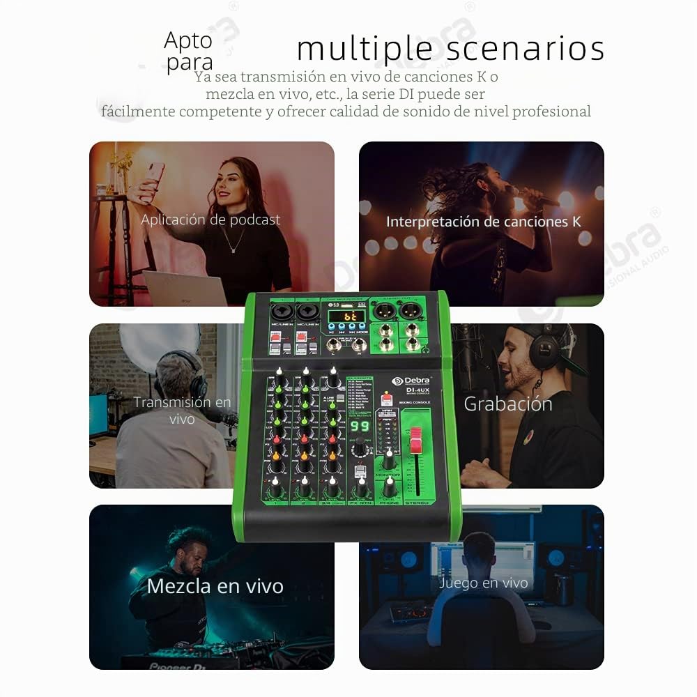D Debra Mezclador de Audio Profesional 4 Canales con 99 Efectos DSP, Entrada MP3, Potencia Phantom 48V, Para DJ y Estudio de Grabación, Karaoke en Casa (DI-4UX)