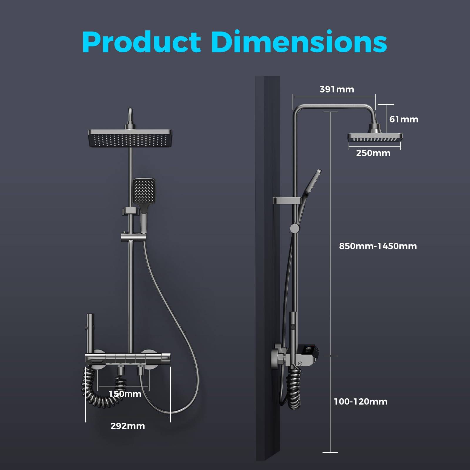 Duscharmatur Komplettset Klavierknöpfe 4 Arten von Wasserauslässen | Höhenverstellbare Duschstange 85-145cm Eckiger Kopfbrause Duschsystem Badezimmer Duschgarnitur Regendusche mit Armatur