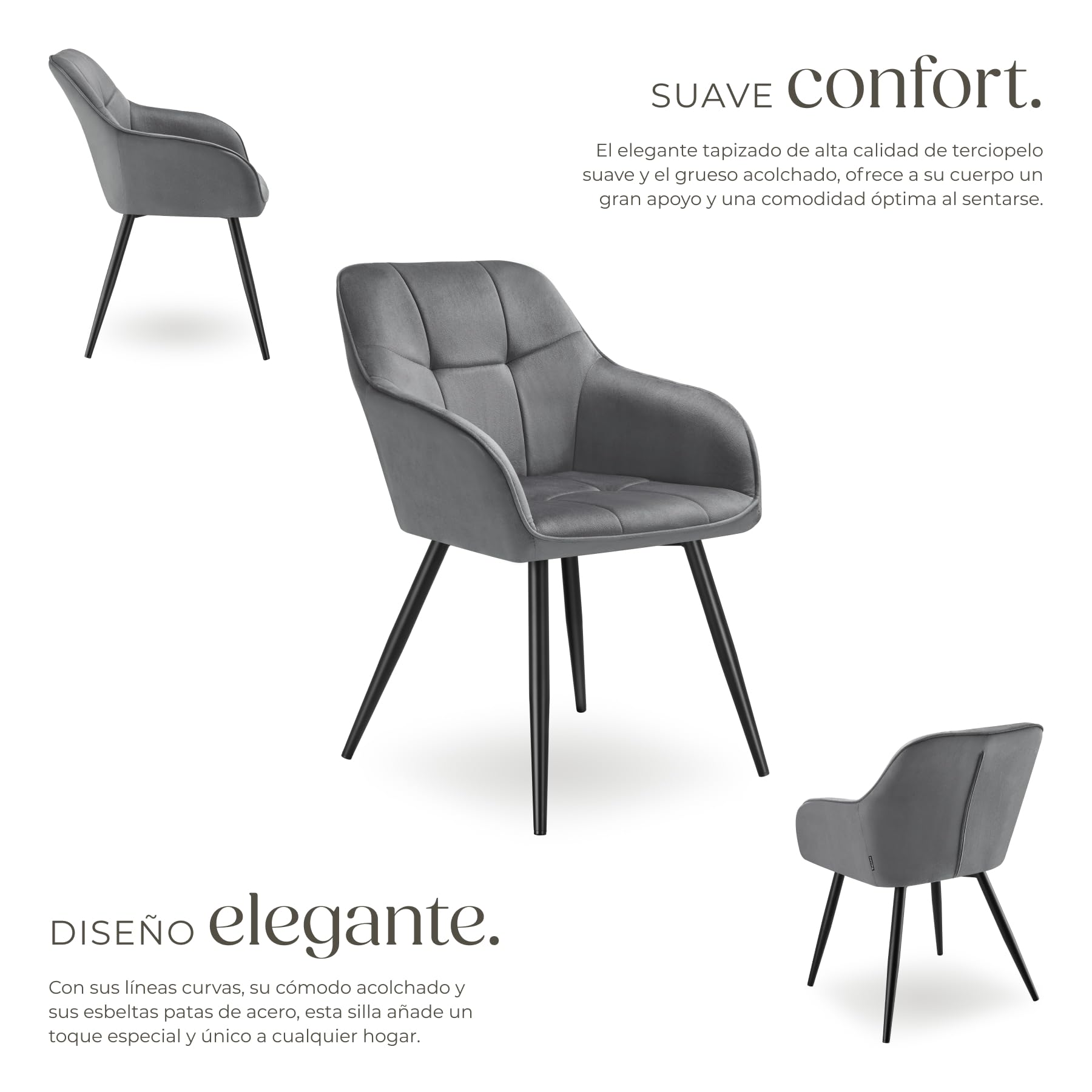 tectake® Silla de Comedor con Tapizado Aterciopelado Acolchado, Silla de Cocina Elegante y Moderna, Patas de Acero, Fácil Limpieza, Ideal Silla Salón, Tocador, Dormitorio - 1 Silla Gris/Negro
