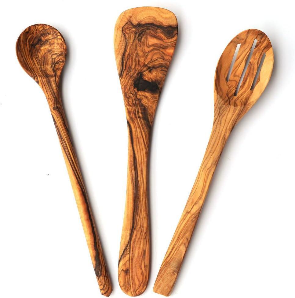 Olive Wood Spoon Set by Mastro Leonardo (Big Spoon, Spatula, Pasta Spoon) Handmade in Italy Wooden Utensils
