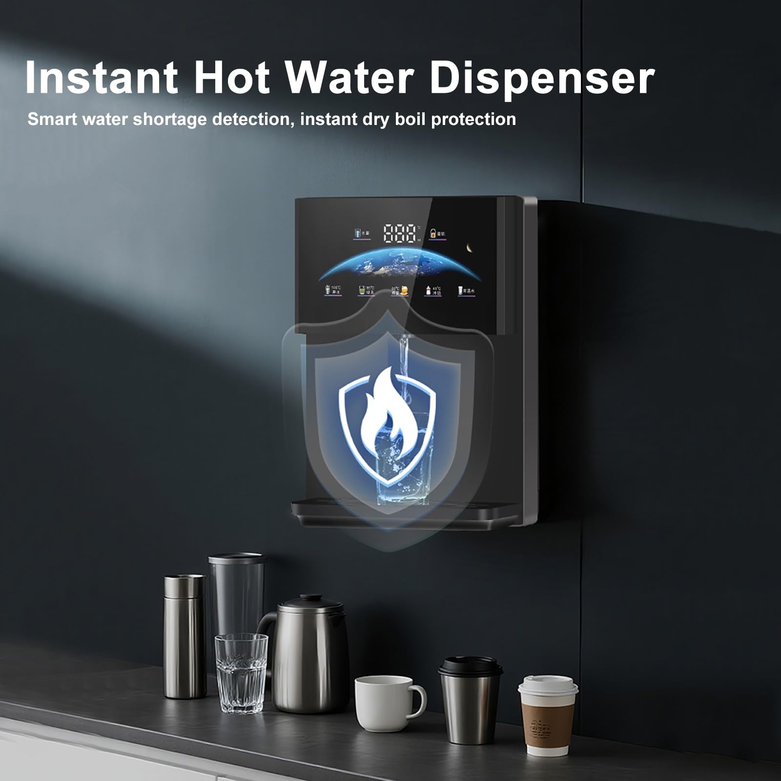 Dispenser Acqua a Riscaldamento Istantaneo da 2200 W, Refrigeratore D'acqua da Ufficio a Parete, Capacità di Riscaldamento di 20 L/h, 5 Temperature e 4 Tipi di Acqua Erogati