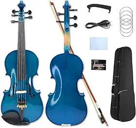 Violino elétrico acústico tamanho 4/4, abeto de bordo sólido de 5 cordas com acessórios de ébano, estojo e arco grátis, kit iniciante para adultos e adolescentes (azul)