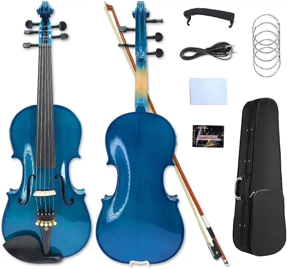 Yinfente 5 cordas violino elétrico acústico bordo abeto madeira acústico violino ébano acessórios para violino 4/4 cor azul com arco de violino (azul)