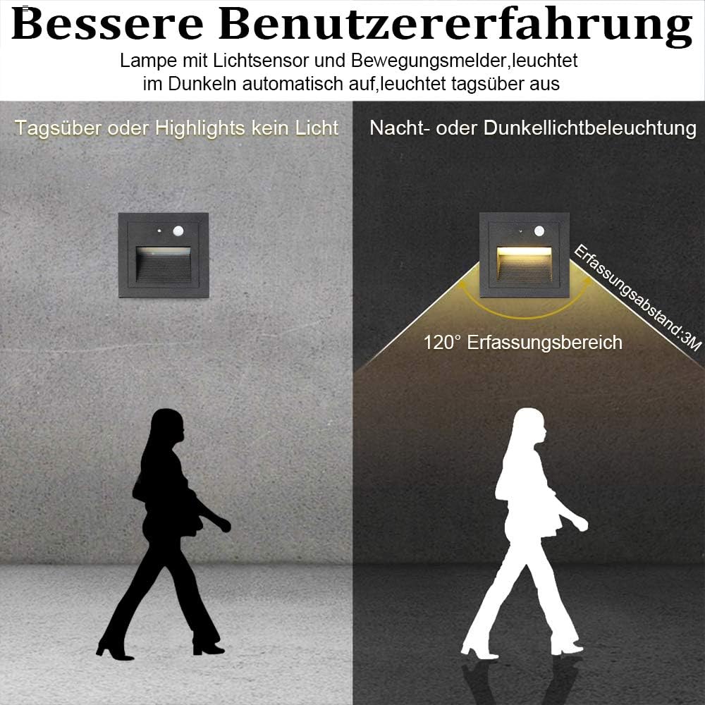 Oświetlenie schodów LED, 4 sztuki, do wbudowania w ścianę, aluminium, 3 W, 230 V, ciepła biel, oświetlenie schodów, oświetlenie zewnętrzne z czujnikiem ruchu, lampa ścienna, oświetlenie
