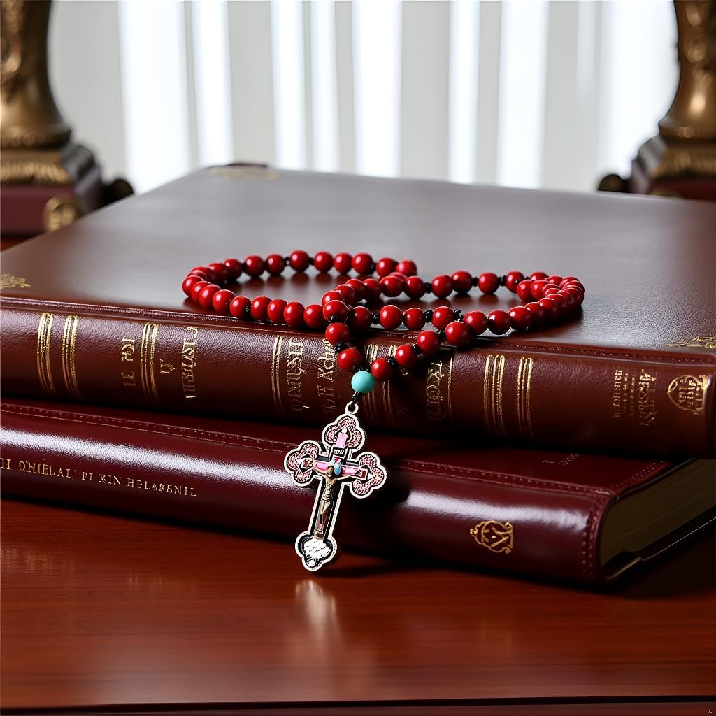 Wood Rosary Beads Cross Necklace,Catholic Cross Pendant,Catholic Cross Necklace,Religious Jesus Crucifix (Red) - Image 3