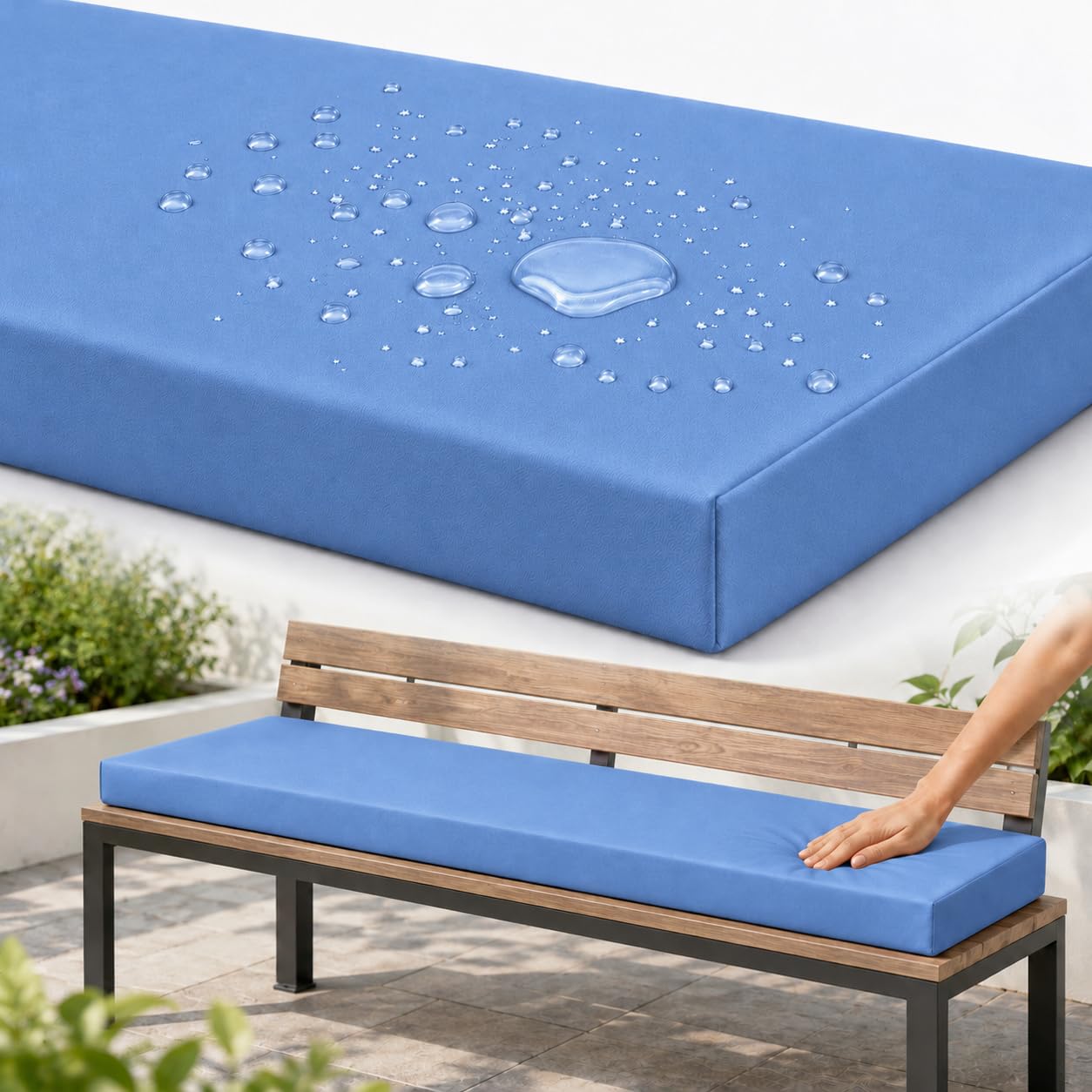 AZMAHT Bench Cushion Outdoor, Garden Bench Cushion with Waterproof Polyester Cover, 50D Foam, Non-Slip Base, 2 Ties, Removable Zip Cover for Patio, Bay Window, Garden Swing,Sky Blue 2,140x55x5cm โ image 1