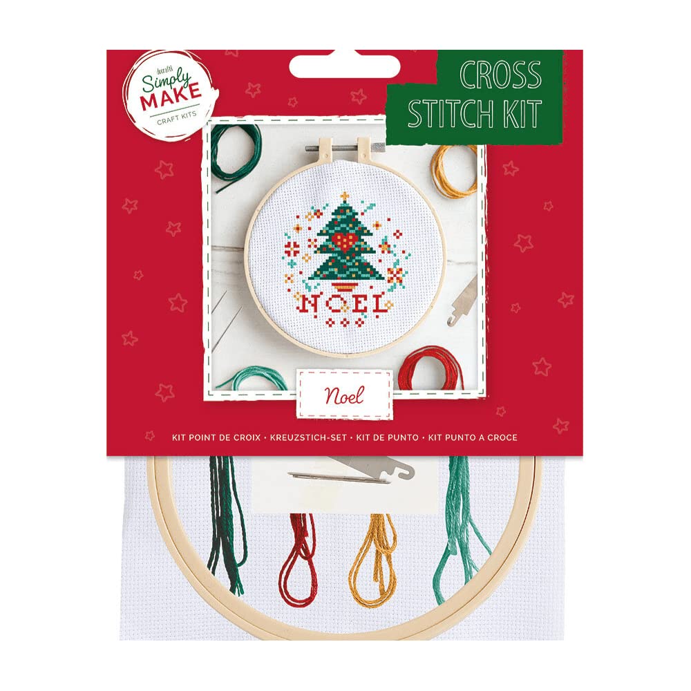 Simply Make Noel Cross Stitch Kit - Design For Kids And Adults, Including Hoop, Embroidery Thread, Fabric And Needle - Perfect For Adult Crafts And Beginners - Starter Cross Stitch Craft Kit