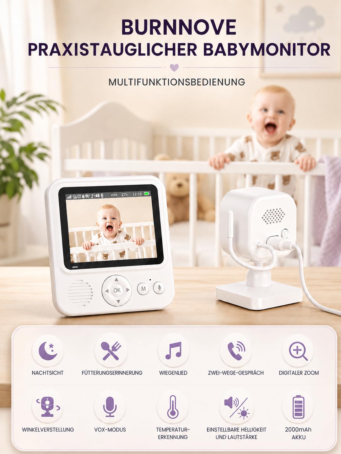 BURNNOVE Babyphone mit Kamera, Babyphone ohne WLAN, 96H VOX Akku, 720P IPS, Split Screen, Bewegungserkennung, Nachtsicht, 2-Wege-Audio, Temperaturüberwachung