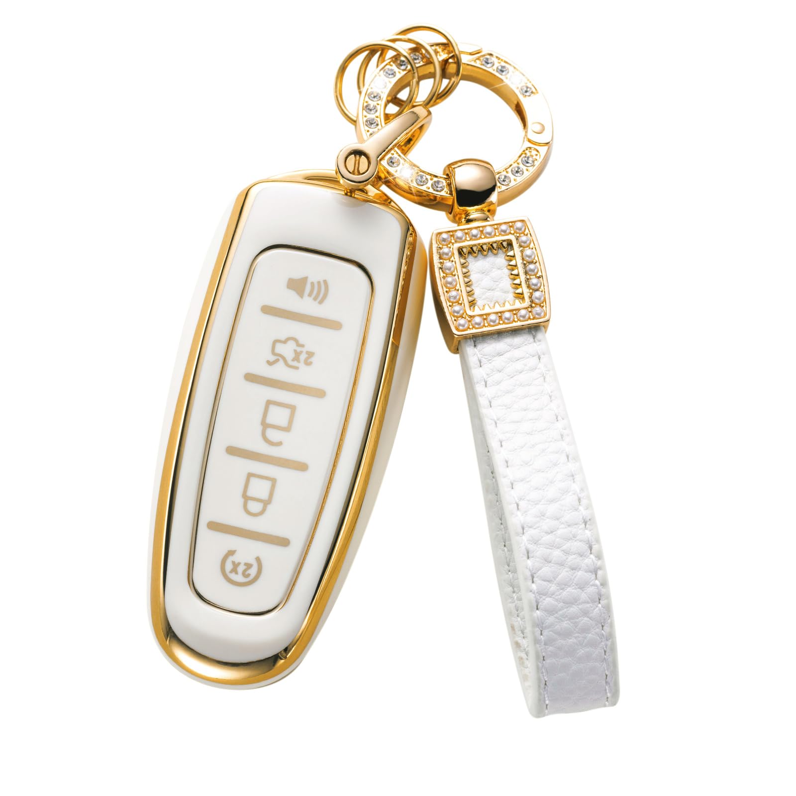 CACARLIKEfor Car Key Fob Cover with Pearl Keychain Lanyard, White+gold, For Ford C Long