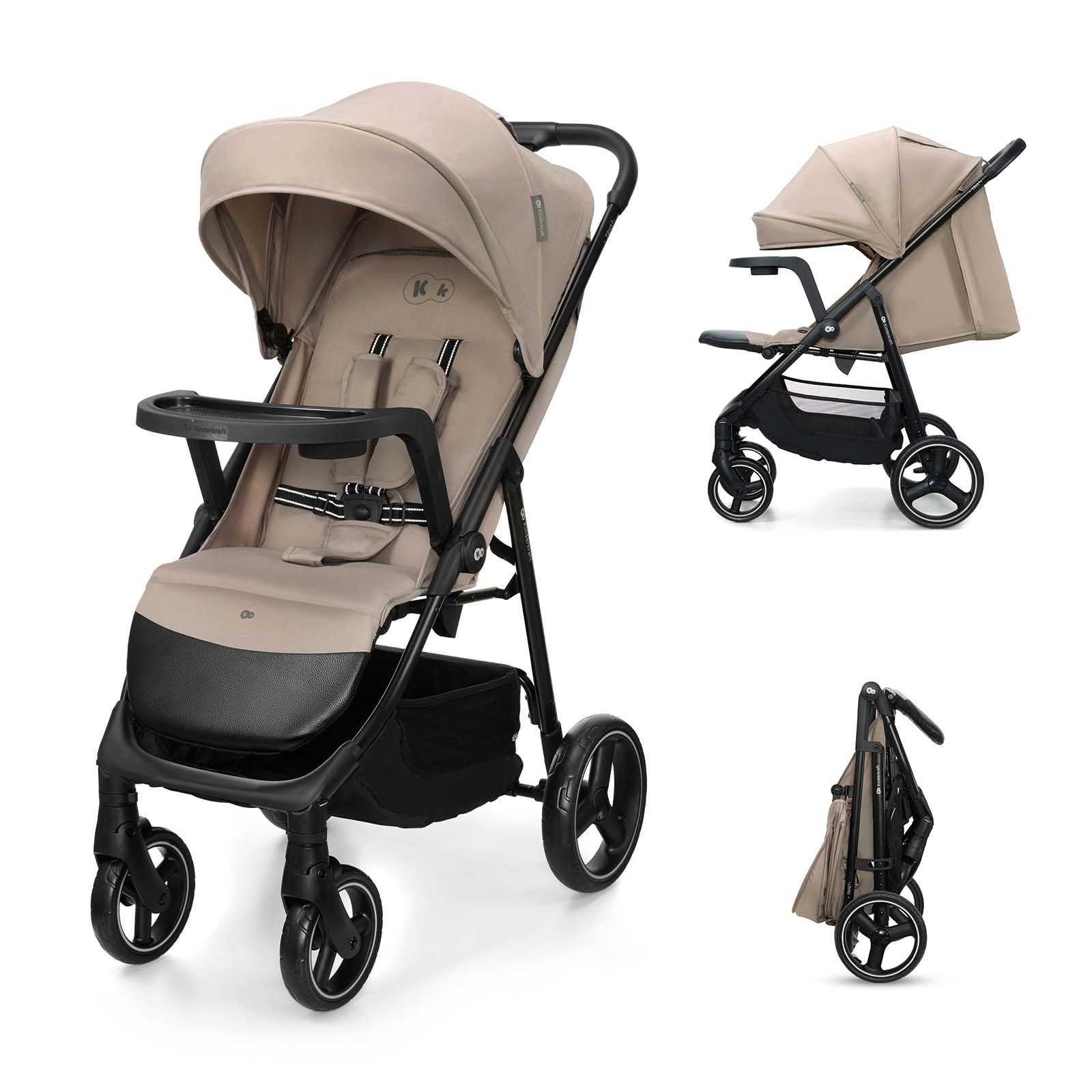 Kinderkraft TRIG 3 con vassoio, Passeggino 22 kg, CLICK & FOLD, Beige