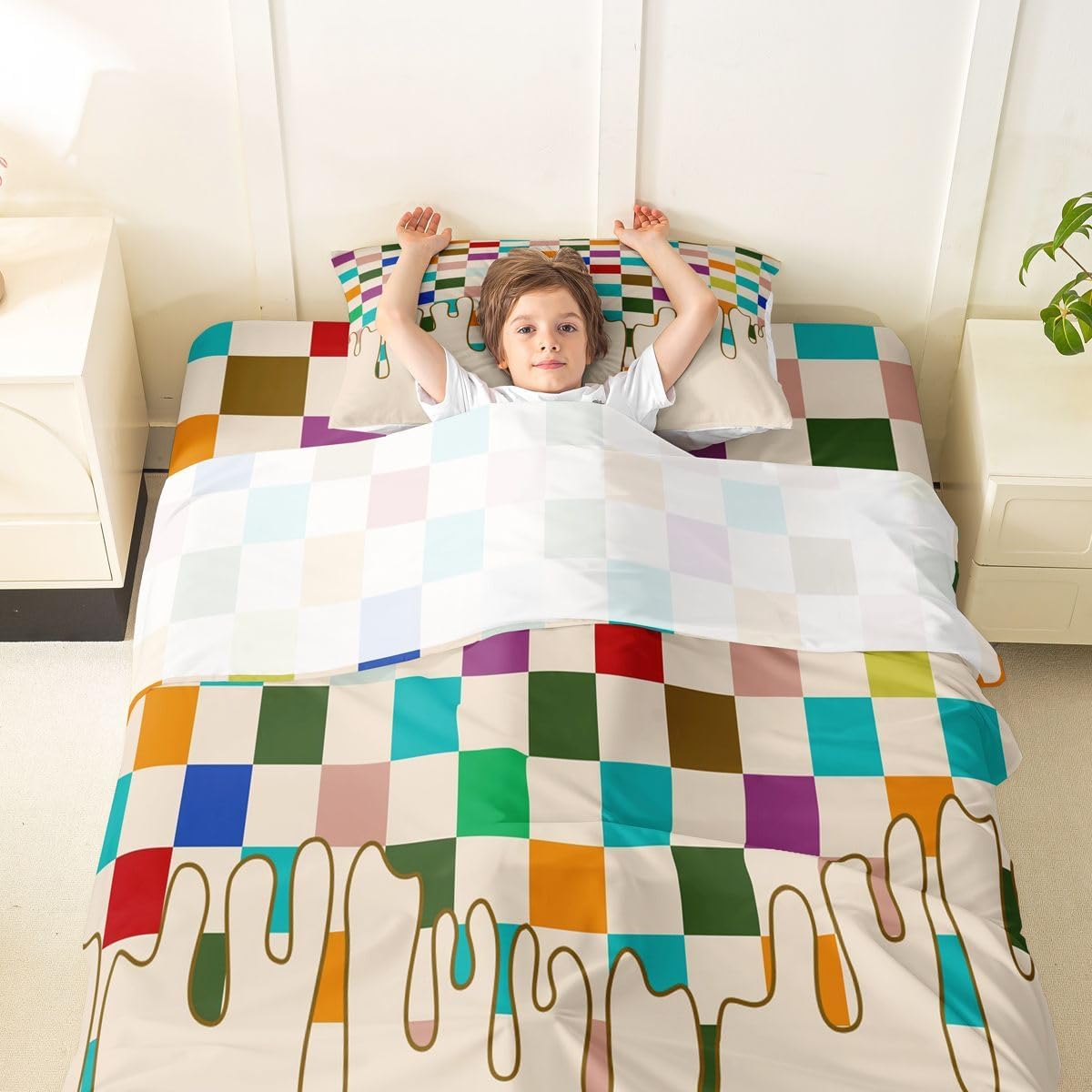 Erosebridal Pastel Checkered Sheet Set Checkerboard Drip Twin Sheets Set for Toddler Boys,Grunge Aesthetic Trendy Modern Geometric Fitted Sheet Retro 2000S Room Decor