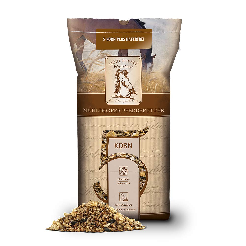 Mühldorfer 5 Korn Plus - Muesli para Caballos, 20 kg, sin pellets, sin Avena, Comida para Caballos, también para Ponis