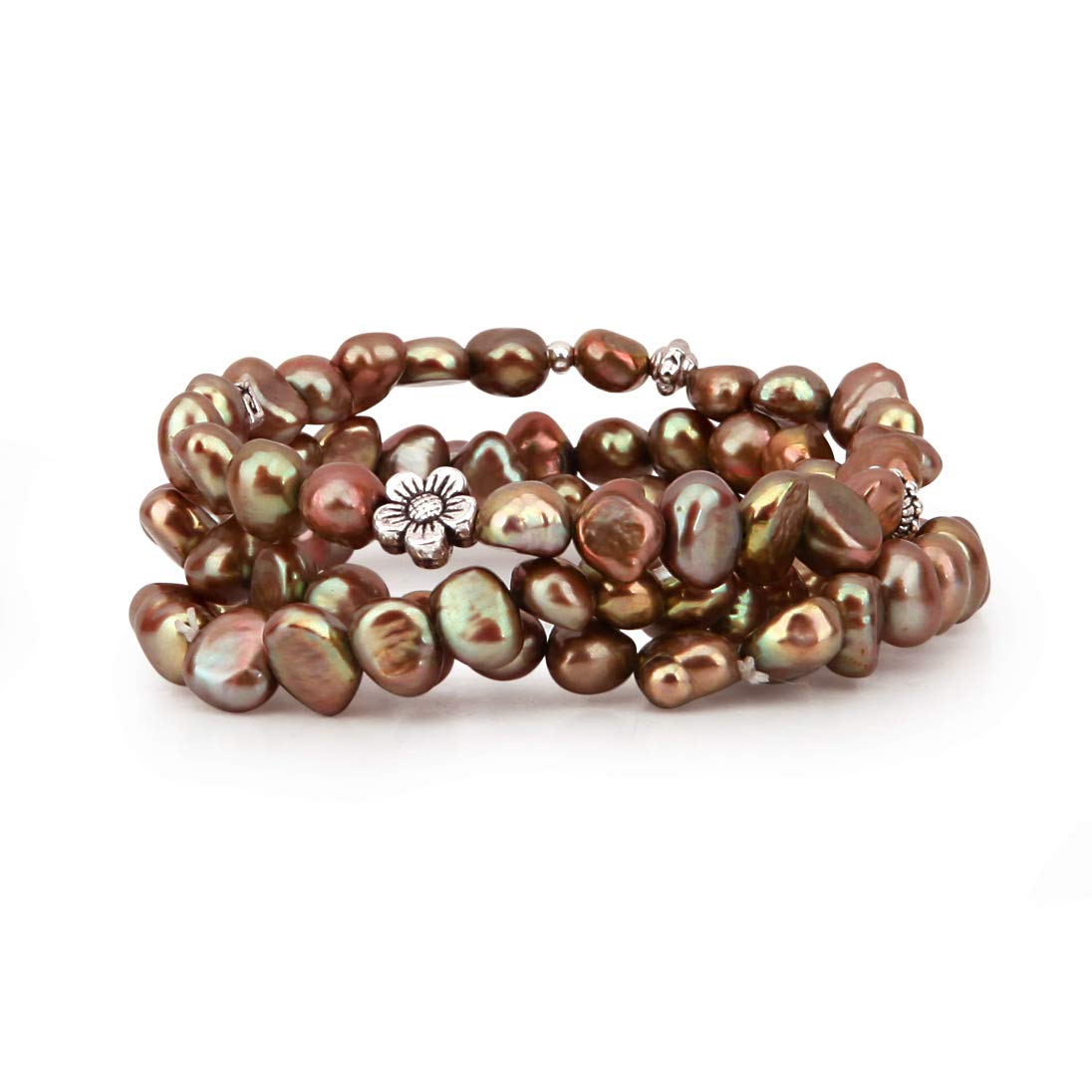 'Genuine Freshwater Cultured Pearl 7-8mm Stretch Bracelets with Base-Metal-Beads (Set of 3) 7.5'''